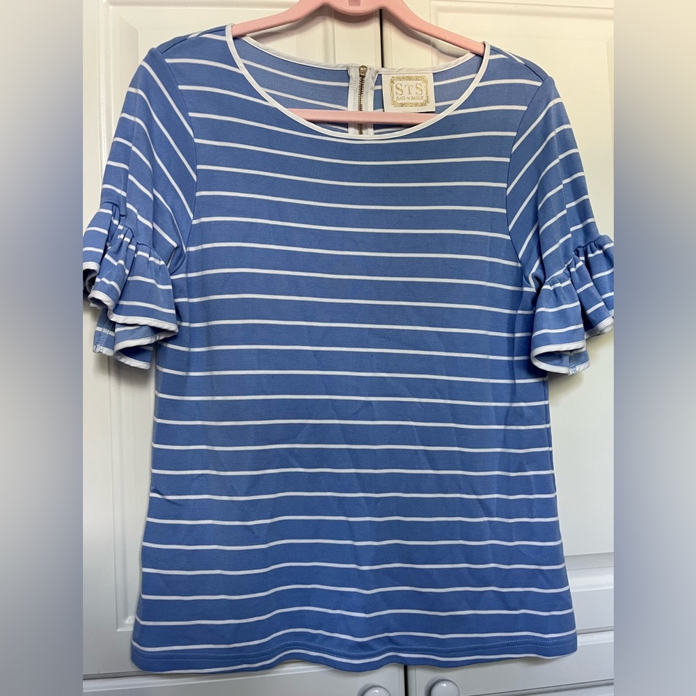 Sail to Sable blue stripe ruffle shirt